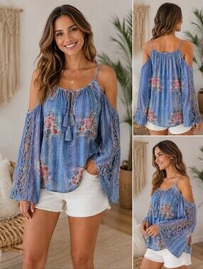 Angie Blue Floral Cold-Shoulder Boho Tunic